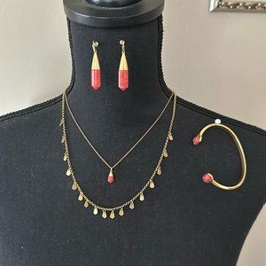 Kendra Scott necklace, earrings and bracelet set. Brass and rustic red color.